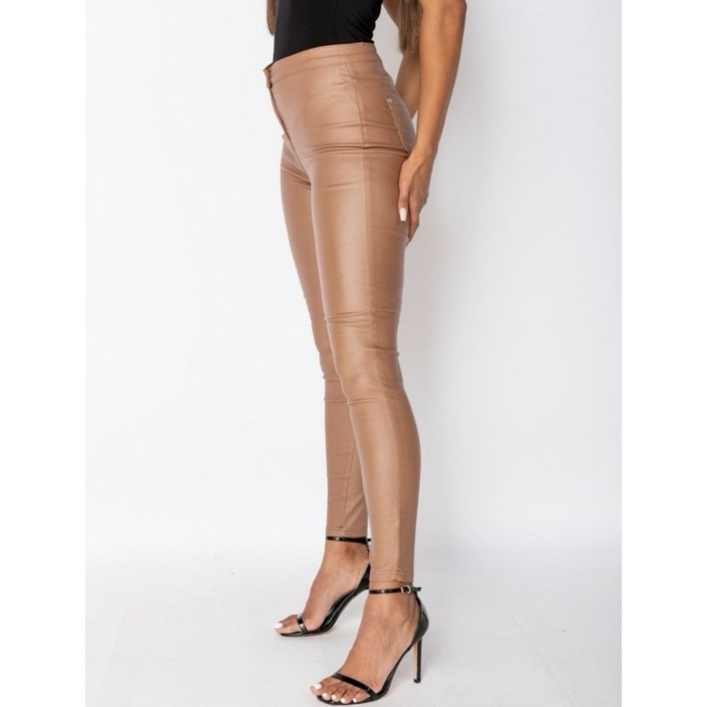 Camel Vegan Leather Faux Leather Coated High Waist Skinny Pants - Picture 8 of 9